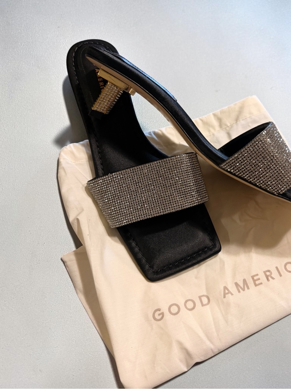 Good American Black Slide Mules with Rhinestone Strap